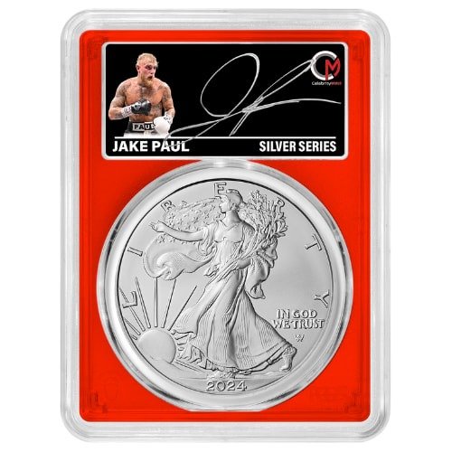 Sus24asepcgsms70jakepaulrc 1 Celebrity Mint 2024 Silver Eagle Pcgs Ms 70 Jake Paul Signed Label Red Core Obverse