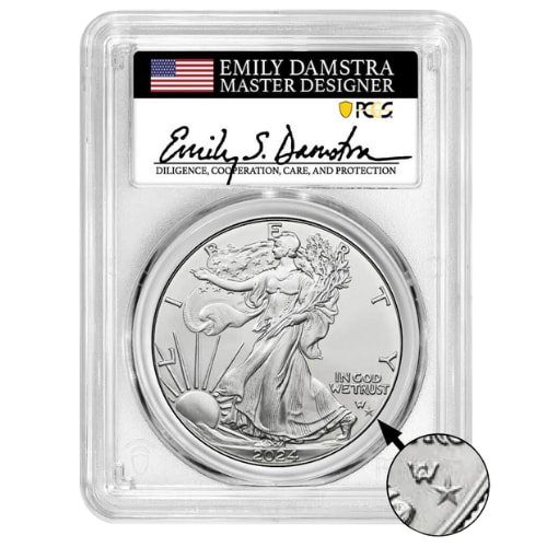 Sus24asepstarprivpcgsms70fdoidamstra 1 2024 P Pcgs Ms 70 First Day Of Issue Star Privy 1 Oz American Silver Eagle Coin Emily Damstra Signed Label Obverse