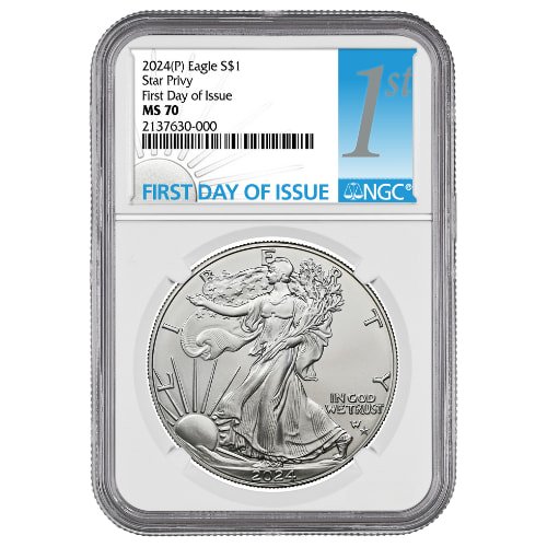 Sus24asepstarprivyngcms70fdoi 1 2024 P Us Silver Eagle Star Privy Ngc Ms 70 First Day Of Issue 1 Oz Coin Front