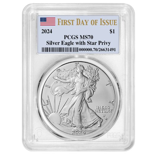 Sus24asepstarprivypcgsms70fdoi 1 2024 P Us Silver Eagle Star Privy Pcgs Ms 70 First Day Of Issue 1 Oz Coin Obverse