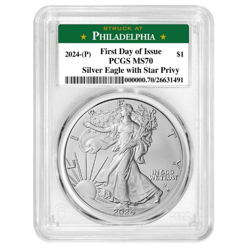Sus24asepstarprivypcgsms70fdoiphil 1 2024 P Us Silver Eagle Star Privy Pcgs Ms 70 First Day Of Issue 1 Oz Coin Philadelphia Label Obverse