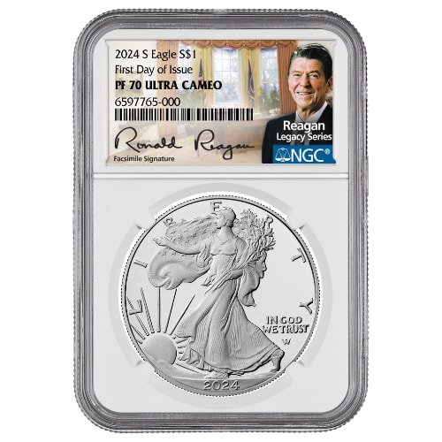 Sus24asesngcpf70fdoireagan 1p 2024 S Us Silver Eagle Ngc Pf 70 First Day Of Issue 1 Oz Proof Reagan Label Front
