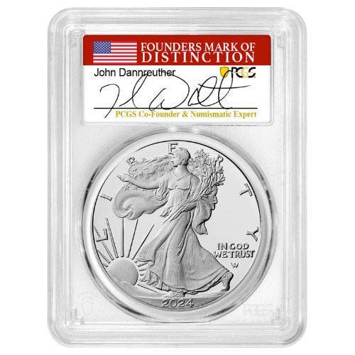 Sus24asespcgspr70fdoijohn 1p 2024 S Us Silver Eagle Pcgs Pr 70 First Day Of Issue 1 Oz Proof John Dannreuther Signed Label Front