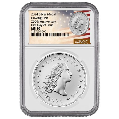 Sus24flowingngcms70fdoi 1 2024 Us Silver 230th Anniversary Flowing Hair Ngc Ms 70 Fdoi 1 Oz Medal Flowing Hair Label Front