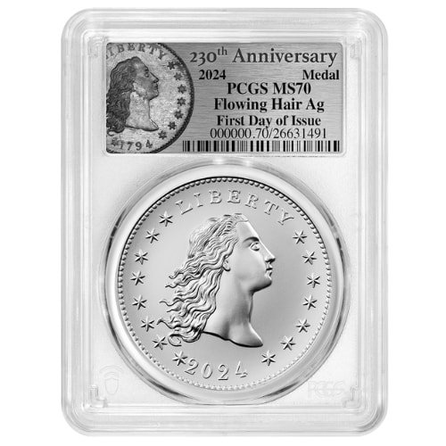 Sus24flowingpcgsms70fdoi 1 2024 Us Silver 230th Anniversary Flowing Hair Pcgs Ms 70 Fdoi 1 Oz Medal Flowing Hair Label Obverse