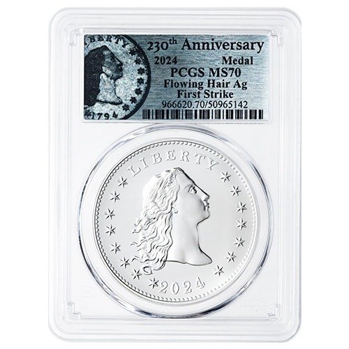 Sus24flowingpcgsms70fs 1 2024 Us Silver 230th Anniversary Flowing Hair Pcgs Ms 70 First Strike 1 Oz Medal Flowing Hair Label Front
