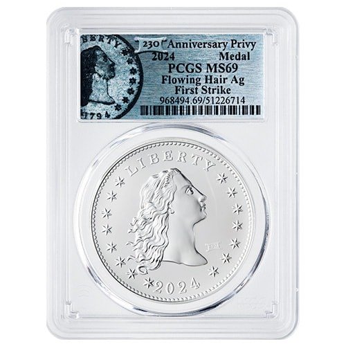 Sus24flowingprivpcgsms69fs 1 2024 Us Silver 230th Anniversary Flowing Hair W Privy Pcgs Ms 69 First Strike 1 Oz Medal Flowing Hair Label Front