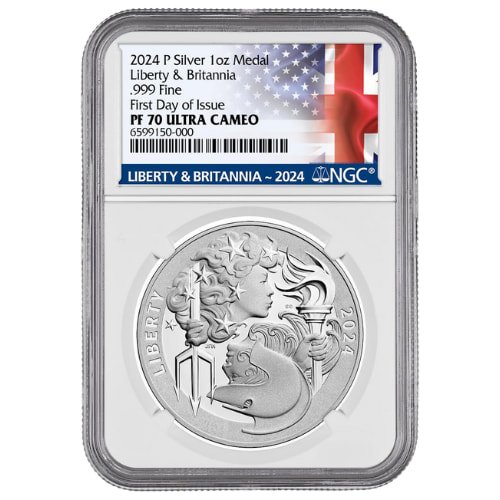 Sus24libbritpngcpf70fdoi 1 2024 P Us Silver Liberty And Britannia Ngc Pf 70 First Day Of Issue 1 Oz Medal Small