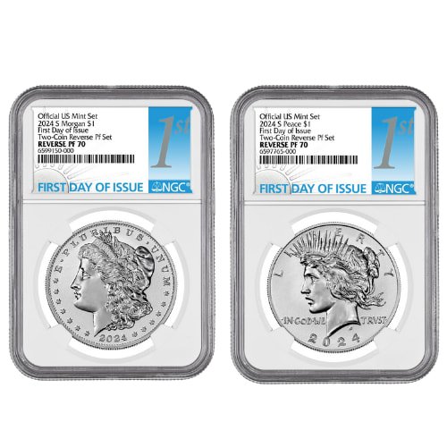 Sus24mpsetngcpf70fdoi 1716rp 2024 S Us Silver Morgan Peace Dollar Ngc Pf 70 First Day Of Issue Reverse Proof 2 Coin Set Set 1
