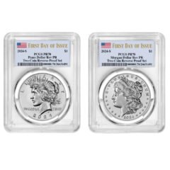 2024-S PCGS PR-70 First Day of Issue Morgan & Peace Dollar Reverse Proof Silver 2-Coin Set
