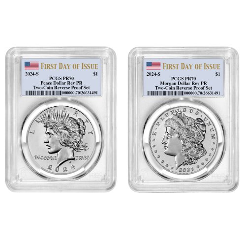 Sus24mpsetpcgspr70fdoi 1716rp 2024 S Us Silver Morgan Peace Dollar Pcgs Pr 70 First Day Of Issue Reverse Proof 2 Coin Set Set