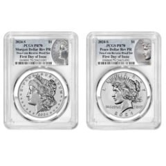 2024-S PCGS PR-70 First Day of Issue Morgan & Peace Dollar Reverse Proof Silver 2-Coin Set - Morgan & Peace Labels