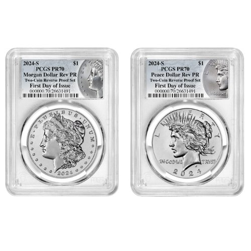 Sus24mpsetpcgspr70fdoimp 1716rp 2024 S Us Silver Morgan Peace Dollar Pcgs Pr 70 First Day Of Issue Reverse Proof 2 Coin Set Morgan Peace Labels Set 2