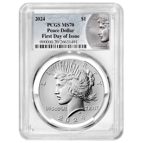 Sus24peacedollpcgsms70fdoipeace 0859 2024 Us Silver Peace Dollar Pcgs Ms 70 First Day Of Issue Peace Dollar Label Obverse
