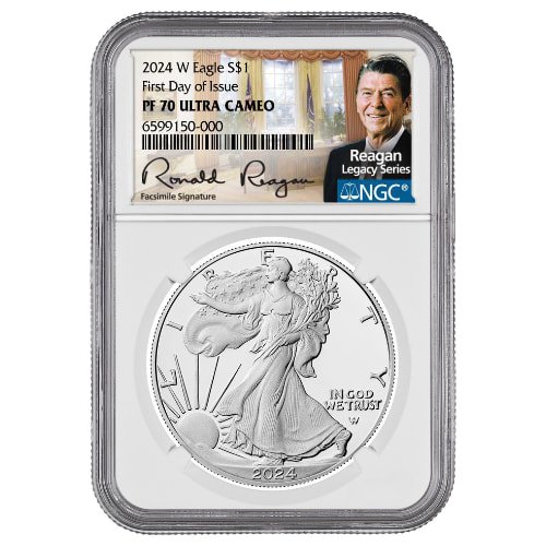 Sus24wasengcpf70fdoireagan 1p 2024 W Us Silver Eagle Ngc Pf 70 First Day Of Issue Ultra Cameo Reagan Label 1 Oz Coin Front
