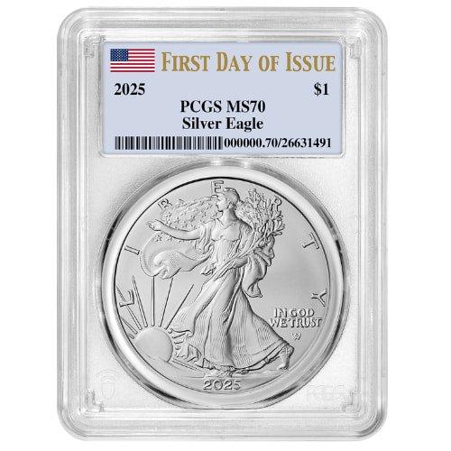 Sus25asepcgsms70fdoi 1 2025 Us Silver Eagle Pcgs Ms 70 First Day Of Issue 1 Oz Coin Front