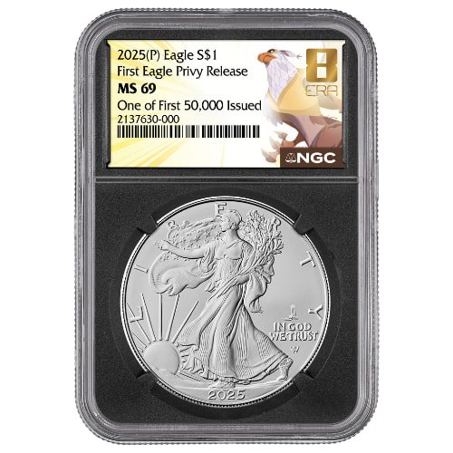 Sus25asepeagleprivngcms69first50kbc 1 2025 P Us Silver Eagle Eagle Privy Ngc Ms 69 One Of First 50 000 Issued 1 Oz Coin Exclusive Black Core Obverse