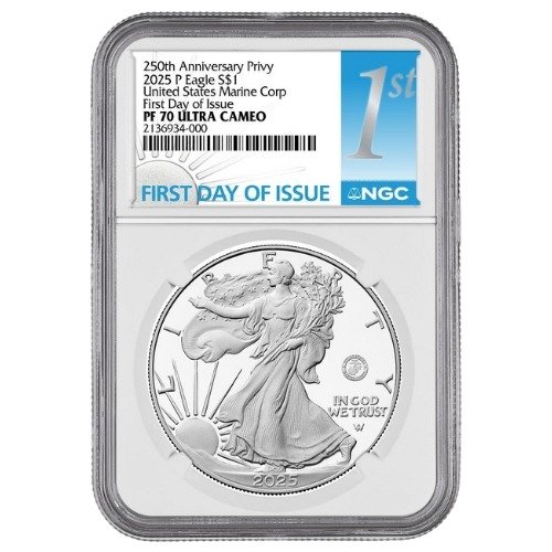 Sus25asepmarinengcpf70fdoi 1p 2025 P Us Silver Eagle Marine Privy Ngc Pf 70 Fdoi 1 Proof Front