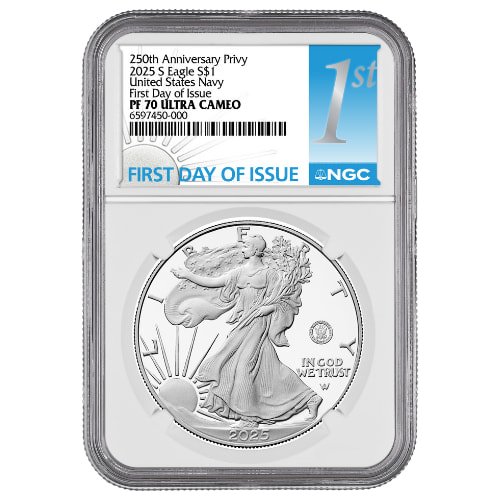 Sus25asesnavyngcpf70fdoi 1p 2025 S Us Silver Eagle Navy Privy Ngc Pf 70 Fdoi 1 Oz Proof Front