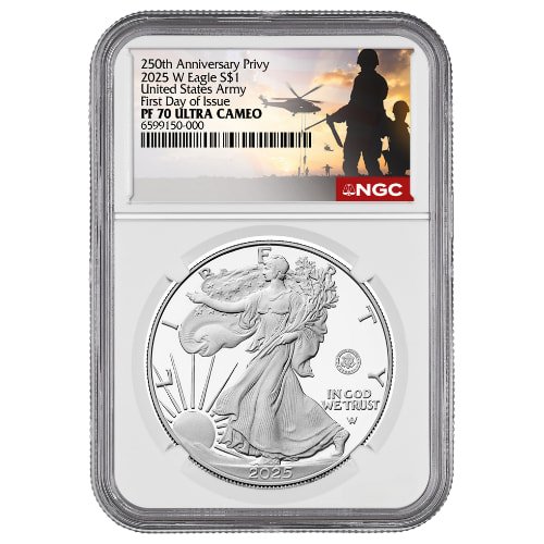 Sus25asewarmyngcpf7070fdoiarmy 1p 2025 W Us Silver 250th Anniversary Us Army Privy Eagle Ngc Pf 70 Fdoi 1 Oz Proof Army Label Obverse