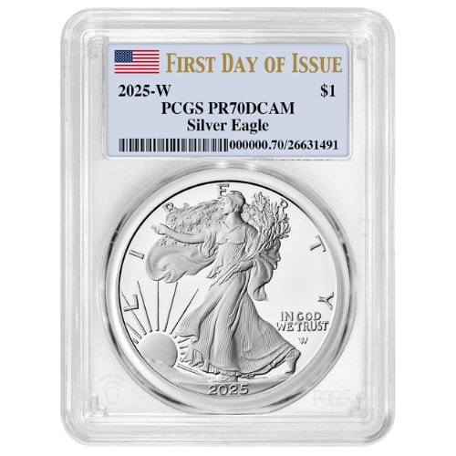 Sus25asewpcgspr70fdoi 1p 2025 W Us Silver Eagle Pcgs Pr 70 First Day Of Issue 1 Oz Proof Obverse