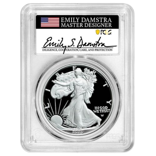 Sus25asewpcgspr70fdoidamstra 1p 2025 W Us Silver Eagle Pcgs Pr 70 First Day Of Issue 1 Oz Proof Emily Damstra Label Obverse