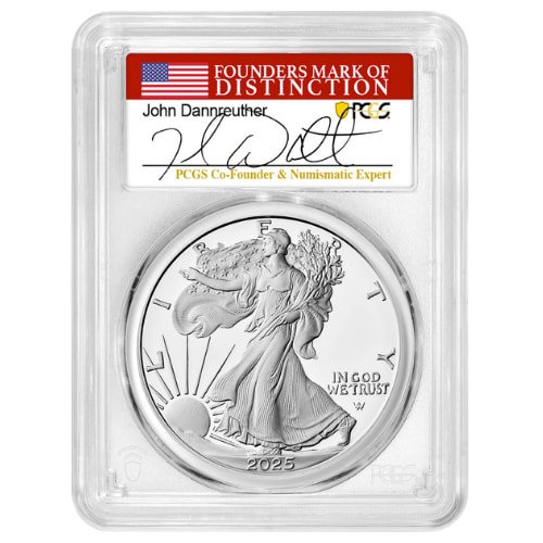 Sus25asewpcgspr70fdoidann 1p 2025 W Us Silver Eagle Pcgs Pr 70 First Day Of Issue 1 Oz Proof John Dannreuther Label Obverse