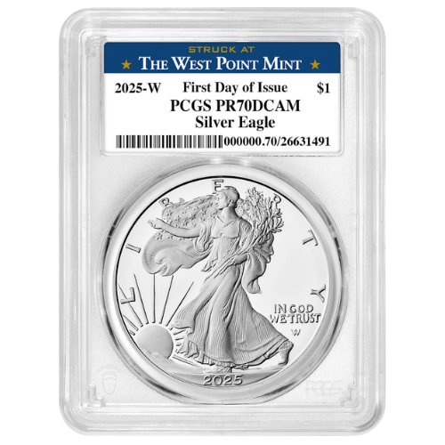 Sus25asewpcgspr70fdoiwest 1p 2025 W Us Silver Eagle Pcgs Pr 70 First Day Of Issue 1 Oz Proof West Point Label Obverse