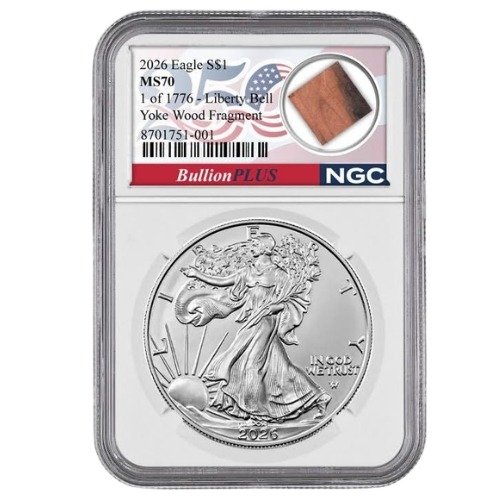 Sus26asengcms70yoke 1 2026 Us Silver Eagle Ngc Ms 70 W Liberty Bell Wooden Yoke Front