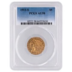 1911-S PCGS AU-58 $5 Indian Half Eagle Gold Coin