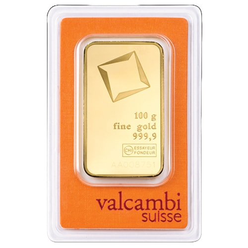 Valcambi Suisse 100 Gram Gold Bar In Assay Obverse 1