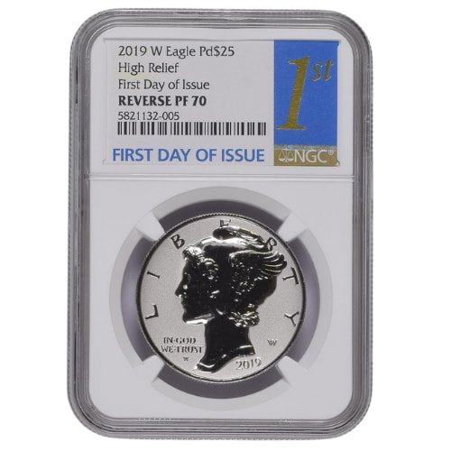 Xus19eaglewngcpf70fdoi 1rp 2019 W Us Palladium Eagle Ngc Pf 70 First Day Of Issue 1 Oz Reverse Proof Front