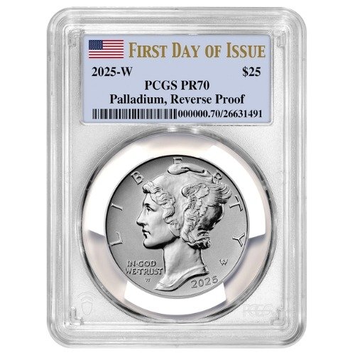 Xus25eaglewpcgspr70fdoi 1rp 2025 W Us Palladium Eagle Pcgs Pr 70 Fdoi 1 Oz Reverse Proof Front
