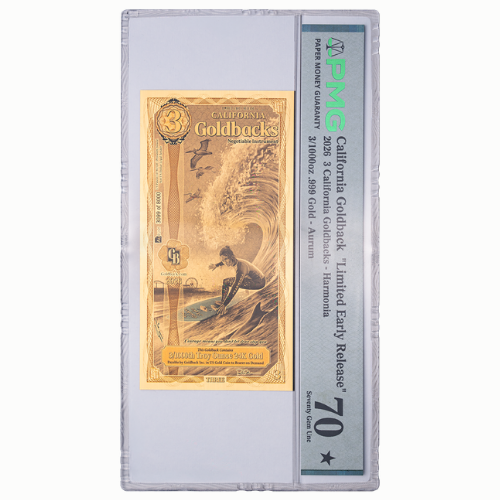 Zaunotecaliforniapmg70ler 003 Pmg 70 Limited Early Release Gold Aurum 24k California 3 Goldback Note Grdfront